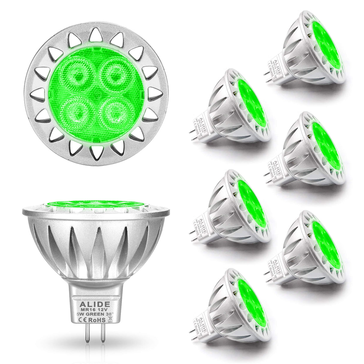 ALIDE MR16 Green Led Bulbs 5W 12V,Replace 20W 35W 50W Halogen,Low Voltage GU5.3 MR16 Led Green Bulb for Halloween Christmas Outdoor Landscape Yard Tree Lighting,Not Dimmable,38 Deg,6 Pack