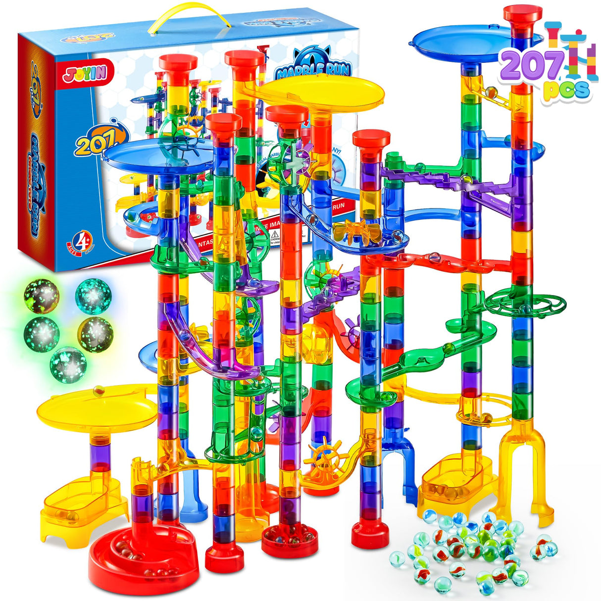 JOYIN 207Pcs Glowing Marble Run, Construction Building Blocks Toys with 5 Glow in The Dark, STEM Toy for Boys and Girls, Educational Toy, Gift for Christmas