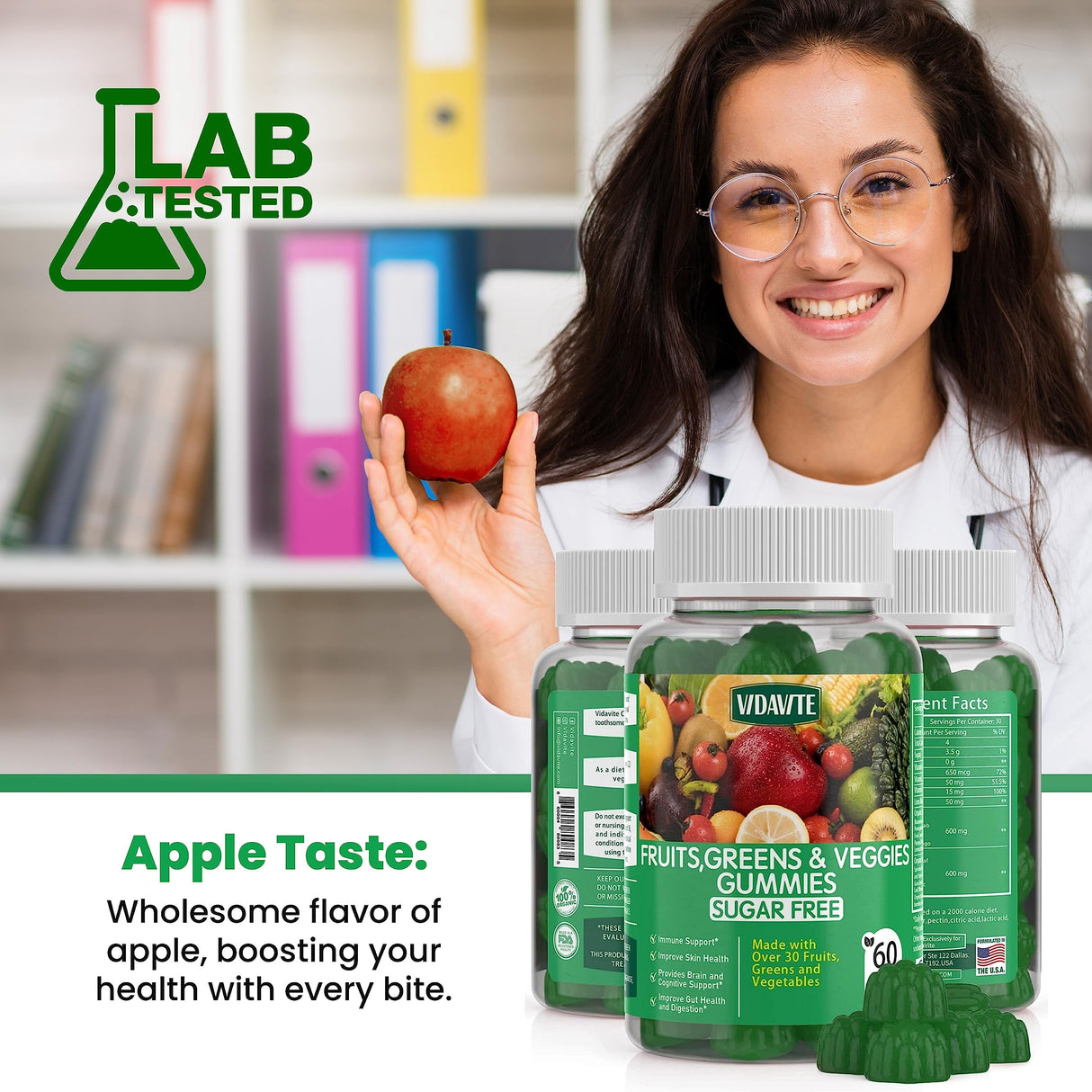 VIDAVITE Sugar-Free Fruit and Veggie Gummies — 35+ Greens, Fruit and Vegetable Vitamins to Boost Immunity, Skin & Gut Health — Ideal Fruity Vegetable Supplement for Adults & Kids (60 Gummies)