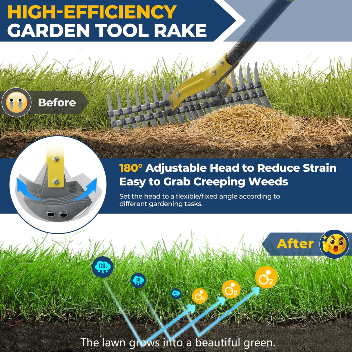 Rake, 70" Heavy Duty Metal Dethatcher Rake with 15" Wide Double-Edged Sharp Tines Thatch Rakes for Lawns,Mulch Dead Grass Removal, Loosening Soil,Lawn Care, Dethatching,Yard,Garden