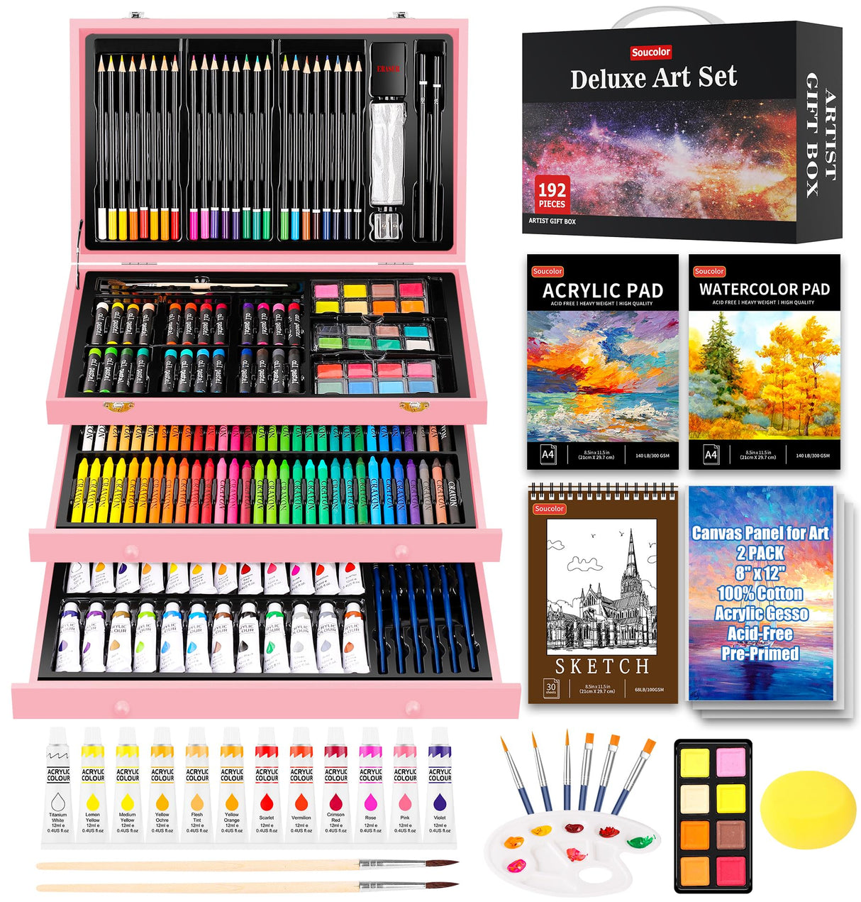 Christmas Gifts Birthday Gifts, Art Kits Art Sets, Aesthetic Cute Preppy Stuff Art Supplies, Soucolor 192-Pack Deluxe Drawing Stuff with Acrylic Pad, Watercolor Book and Sketch Book, Canvases, Brushes
