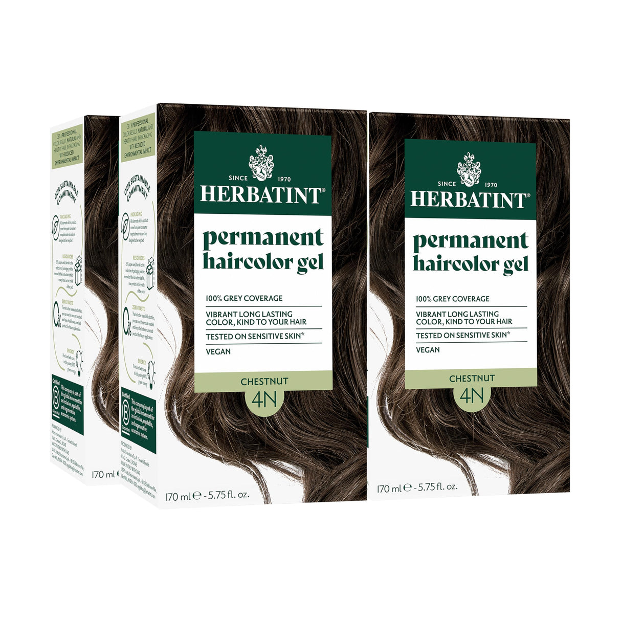 Herbatint Permanent Hair Dye - 4N Chestnut - For Up To 100% Gray Coverage of Resistant Gray Hair - Ammonia-Free, Alcohol-Free & Vegan - Salon Influenced Hair color 5.75 fl oz (4 Pack)