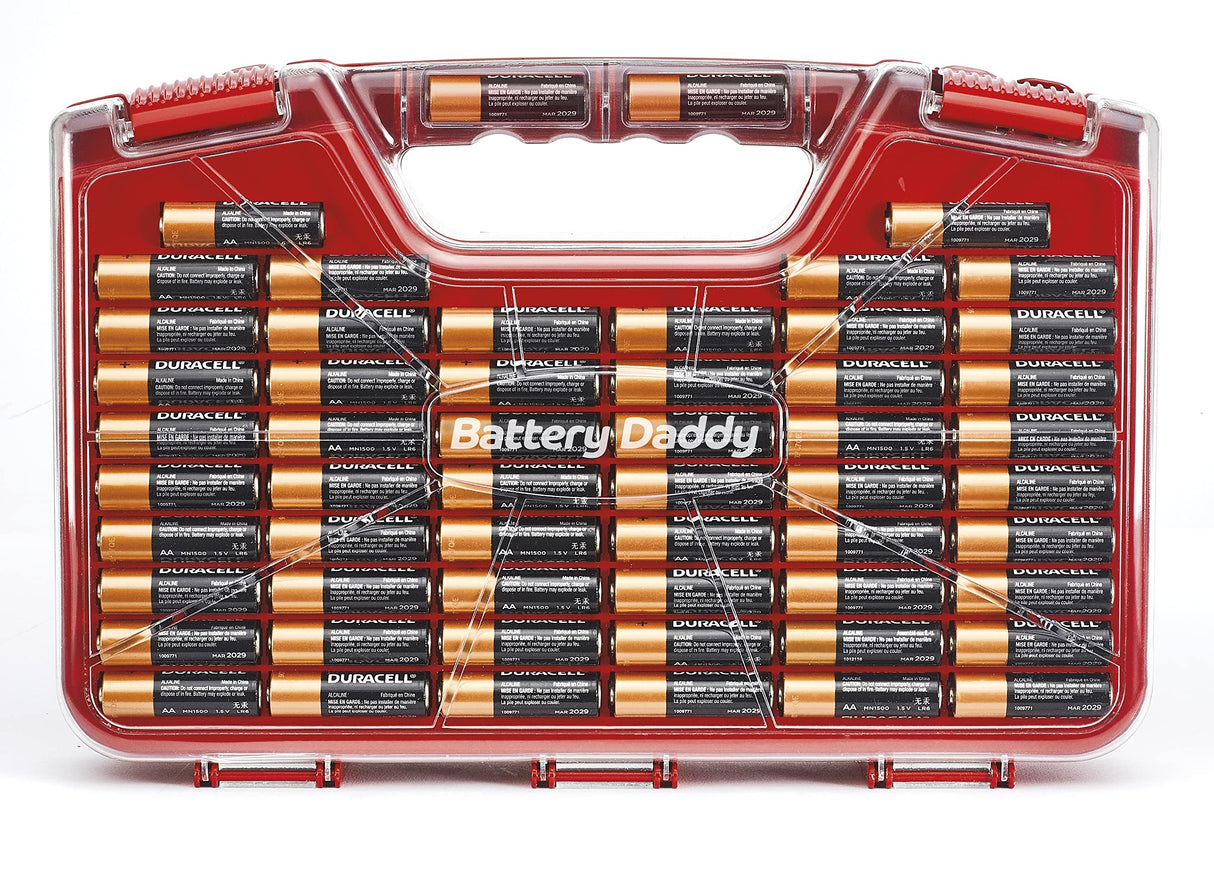 Ontel Battery Daddy Storage & Organizer Case w/Tester, Stores & Protects Up to 180 Batteries, Double-Sided, Clear Locking Lid, Secure Latches & Portable Carrying Handle - Red (Batteries Not Included)