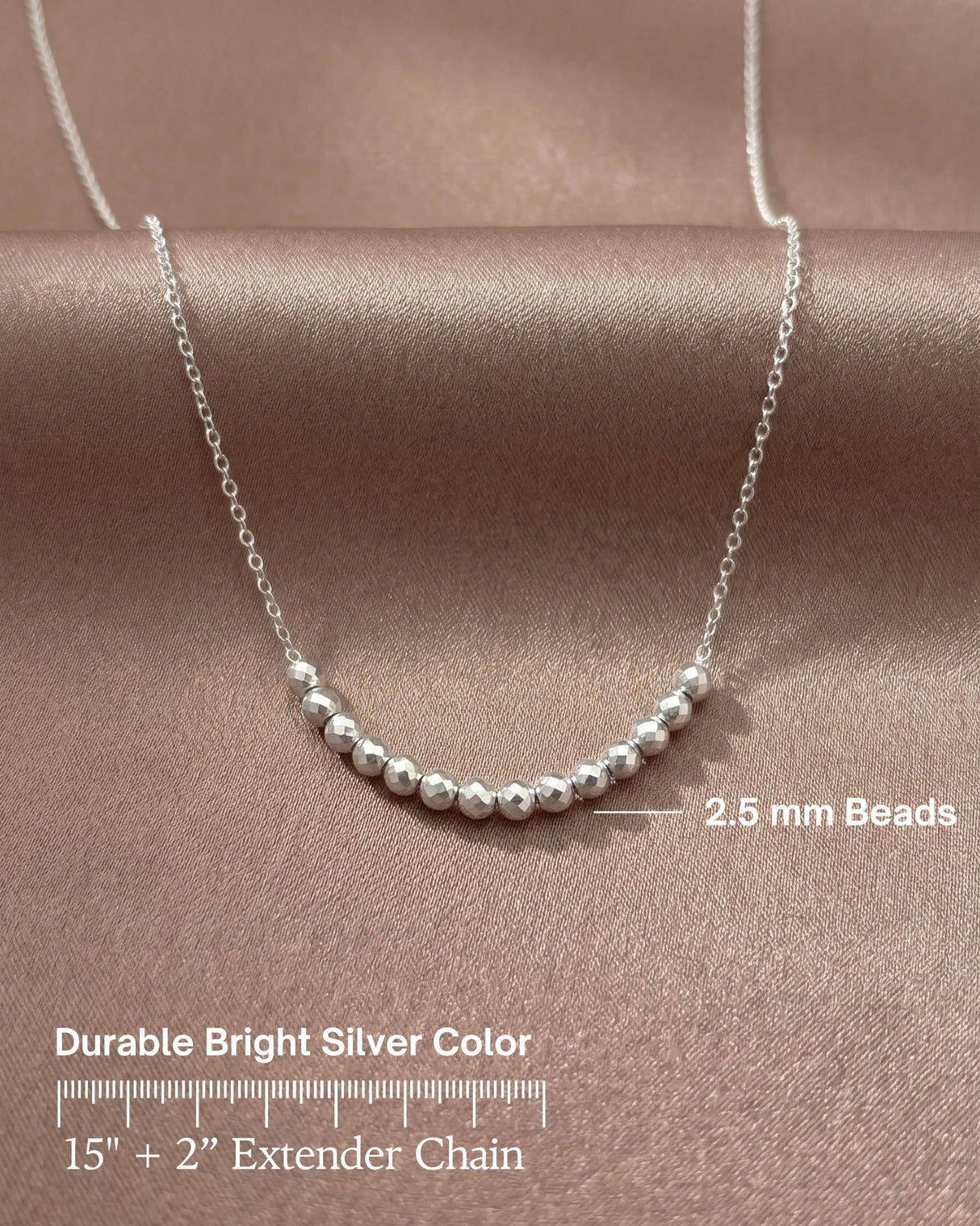 Annika Bella Silver Beaded Necklace for Women, Dainty 16 Faceted Beads Bar Pendant, Waterproof Tarnish Resistant Jewelry, 15" + 2" Extender, Gift for Her
