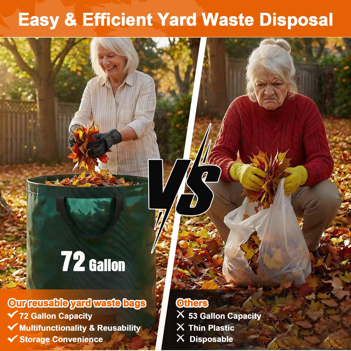 Kendo 72 Gallon Reusable Yard Bags, Heavy Duty 3 PCS Garden Leaf Bags with 4 Reinforced Handles for Fall Leaf Cleanup Grass Clippings Camping Trash
