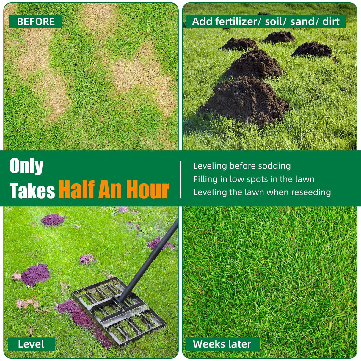 Lawn Leveling rake 17"x9.4" Levelawn Tool with 70.5" Adjustable Long Handle Heavy Duty Landscape Leveling Rake Lawn Leveler Yard Tool for Backyard, Golf Course, Garden, Pasture, Farm