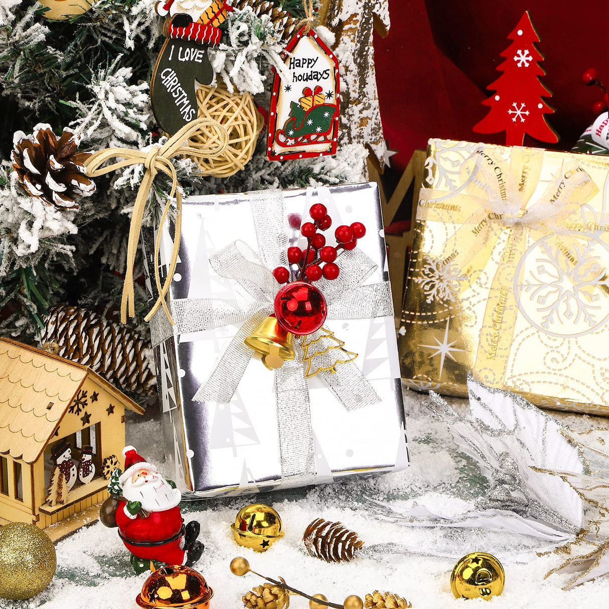 WRAPAHOLIC 30 Inch Christmas Wrapping Paper Roll - Jumbo Roll Red Green Gold and Silver Snowflakes Trees Holiday Collection with Metallic Foil Shine - 4 Rolls - 30 Inch x 120 Inch Per Roll