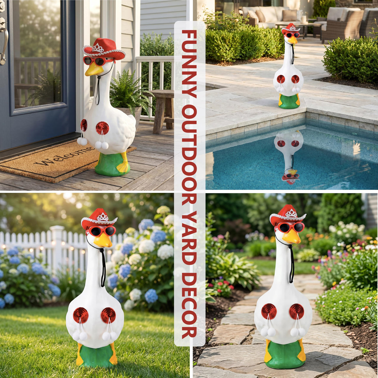 Eywwuu Funny Porch Goose Summer Bikini, Sunglasses & Tassel Skirt - Fits 17'' and 24'' Lawn Geese - Yard Decoration (Round Fringe)