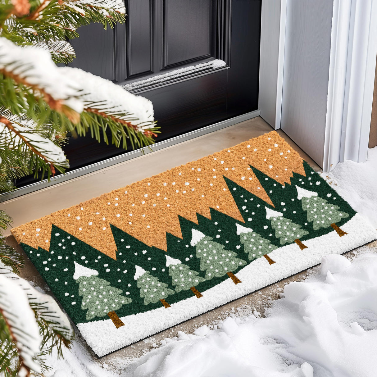 Barnyard Designs Natural Coco Coir Christmas Doormat - Large Cute Non-Slip Heavy Duty Backing Door Mat for Outside Entrance or Porch Entry, Brown (17x30, Winter Snow Forest)