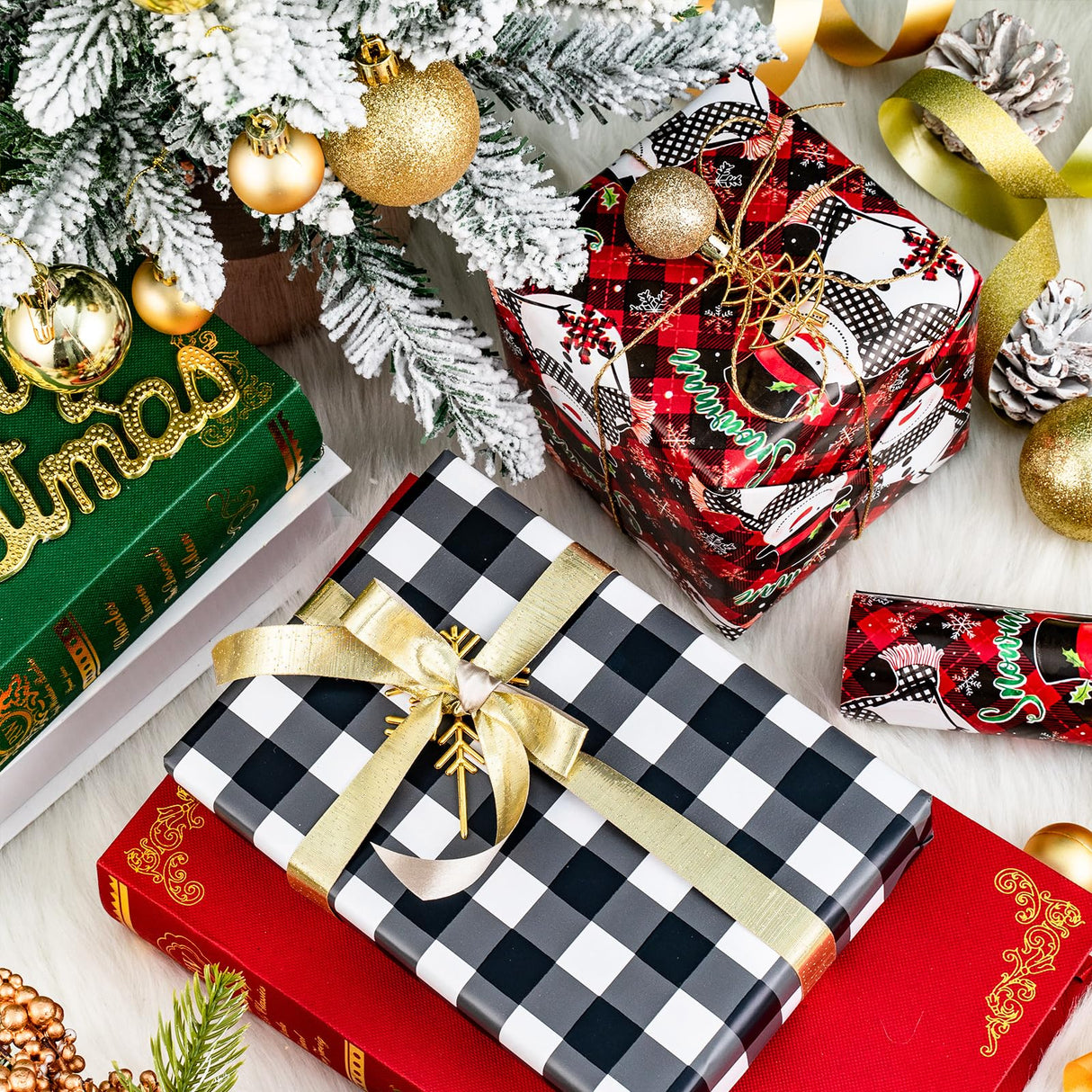 LeZakaa Christmas Wrapping Paper Jumbo Roll, Snowman & White Black Buffalo Plaid Xmas Reversible Design, Holiday Party Gift Wrap for Kids Boys Girls, 30 in x 32.8 Ft