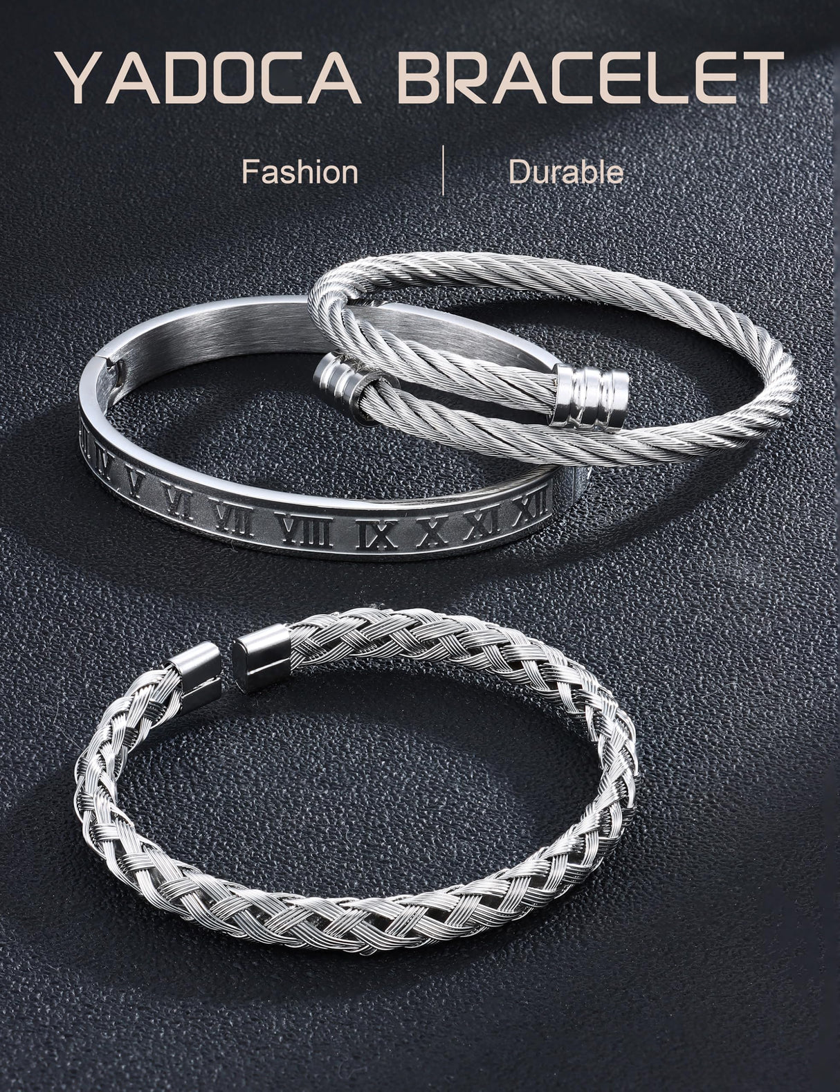 YADOCA 3Pcs Stainless Steel Bracelets for Men Roman Numeral Bangle Bracelet Adjustable Cuff Bracelet Twisted Cable Bracelet Mens Luxury Bracelets Jewelry Gifts Gold/Silver/Black