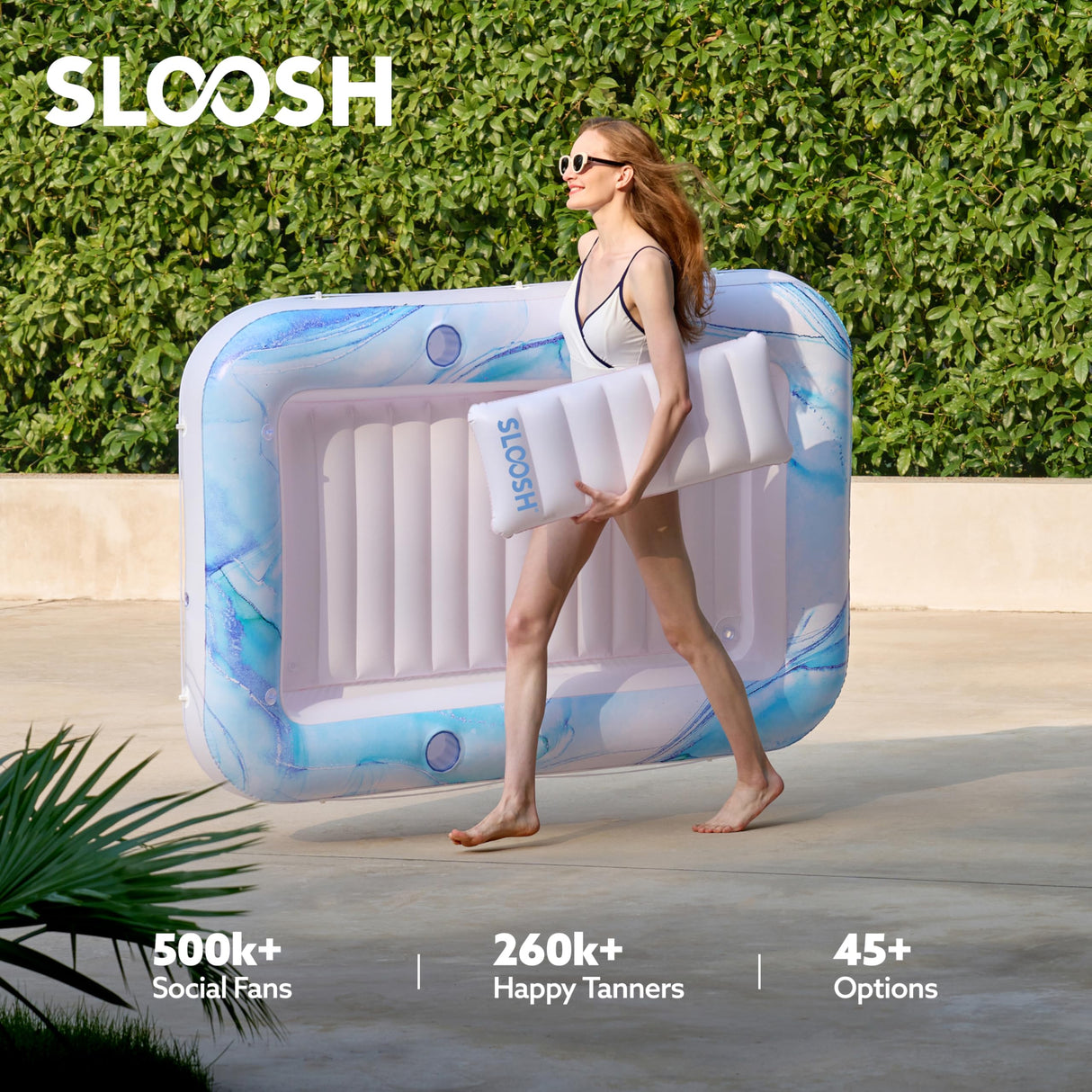 SLOOSH Inflatable Tanning Pool Lounger Float, 70" x 46" Pool Floats Adult with Pillow, 4 in 1 Suntan Tub Raft Floatie,Sunbathing Bed Lounge for Water Blow Up Ball Pit Party Gifts, Blue Marble