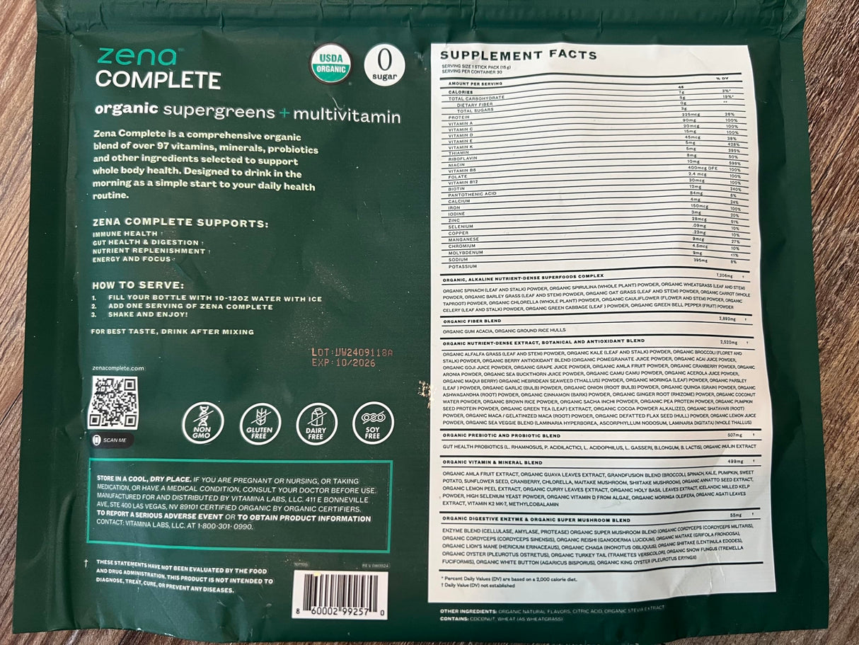 Zena Complete Organic Super Greens Powder & Multivitamin, 90+ Supergreens, Fruits, Veggies, 0 Sugar, 5G Fiber, Pre & Probiotics, Watermelon Citrus Flavor, 30 Packets
