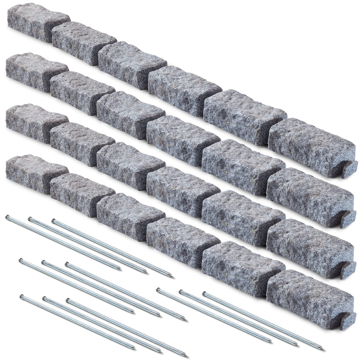 Beuta Landscape Edging | Garden Edging Border | Polyrock Bricks for Lawn Edging, Flower beds, Pathways & Yard Edging– 4 Packs | Each Section Has 6 Bricks 48" L x 4" W x 2.25" H | 12 Spikes |Greystone