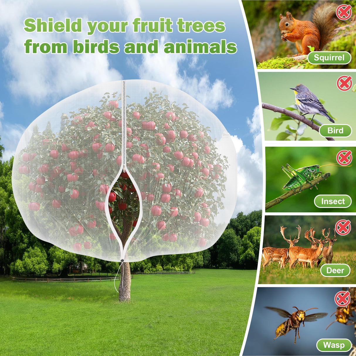 15x15FT Fruit Tree Netting with Zipper and Drawstring - Heavy-Duty Fine Mesh Garden Bird Netting for Fruit Trees, Protect Fruits from Birds, Squirrels,Insects,Deer & Pests