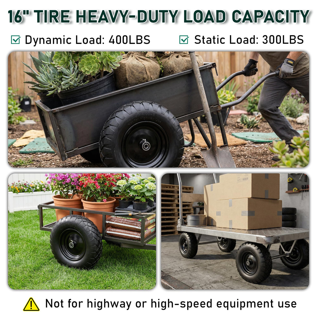 Upgraded 16" Flat Free Wheelbarrow Tire and Wheel, 4.80/4.00-8 Heavy Duty Solid Tire with 5/8" & 3/4" Bearings, 3"-7" Adjustable Hub - Universal for Wheelbarrows, Garden Trailer/Hand Truck - Black