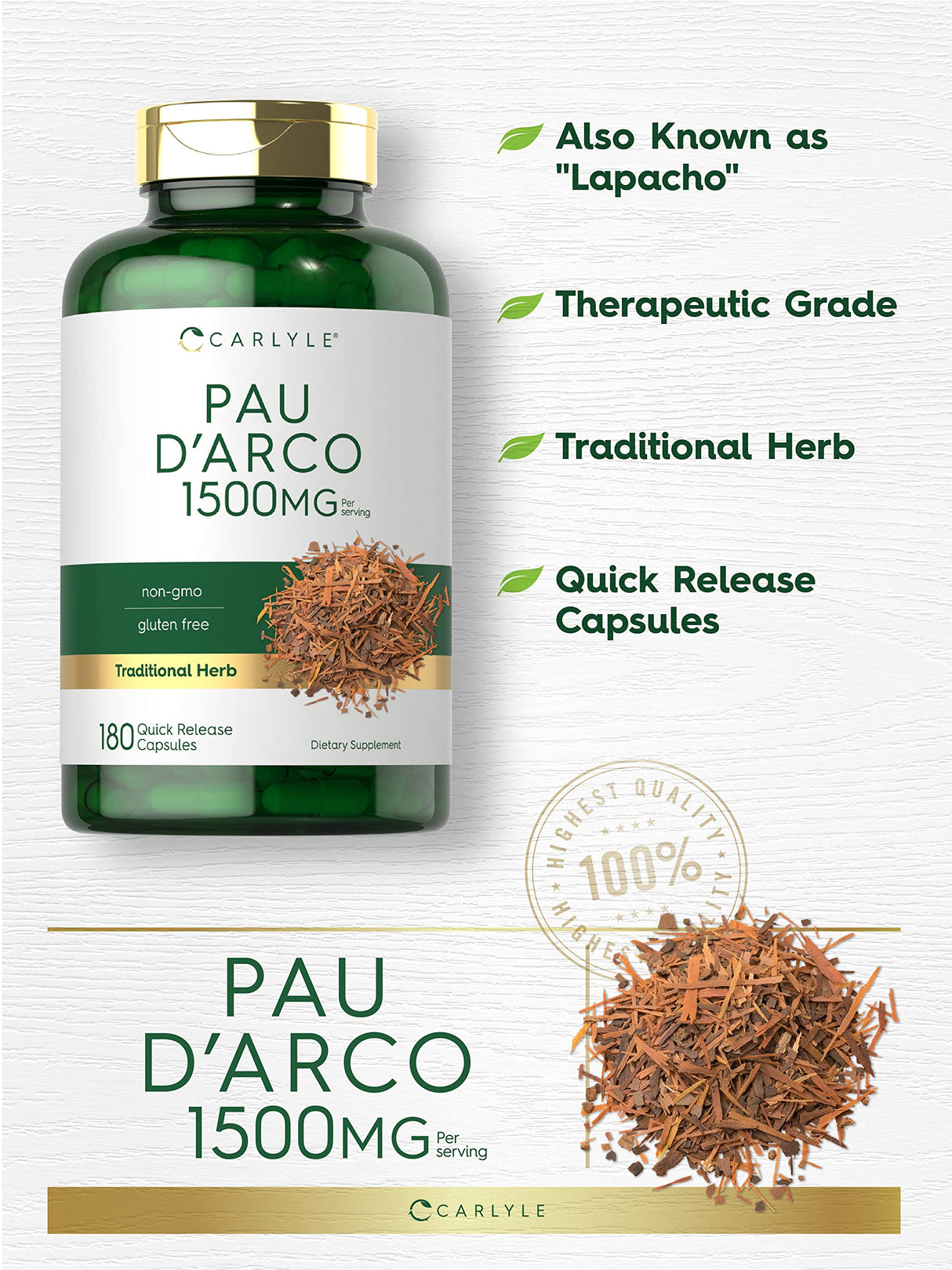 Carlyle PAU D'Arco Capsules | 1500mg | 180 Count | Non-GMO, Gluten Free | Herbal Supplement