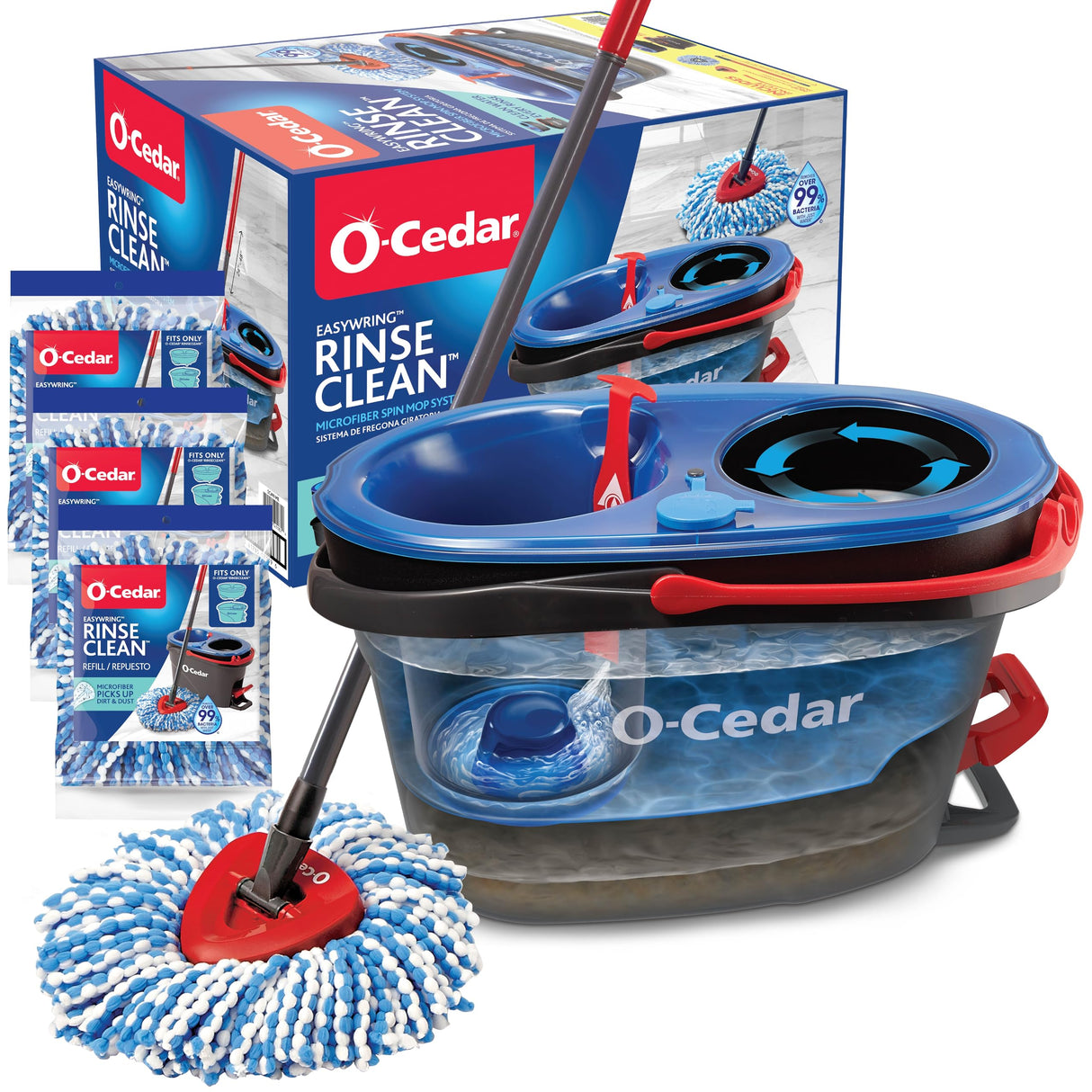 O-Cedar EasyWring RinseClean Microfiber Spin Mop & Bucket Floor Cleaning System with 3 Extra Refills, Plastic, Grey