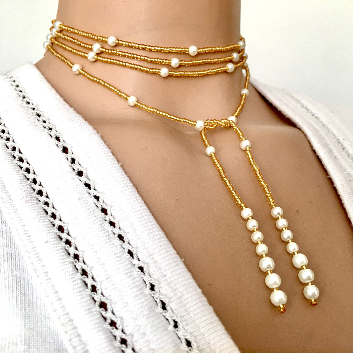 Lariat Wrapped Necklace, Long Wrap Necklace, Tie Choker Jewelry, Seed Bead Necklace, Beaded Choker, Christimas Gift Woman