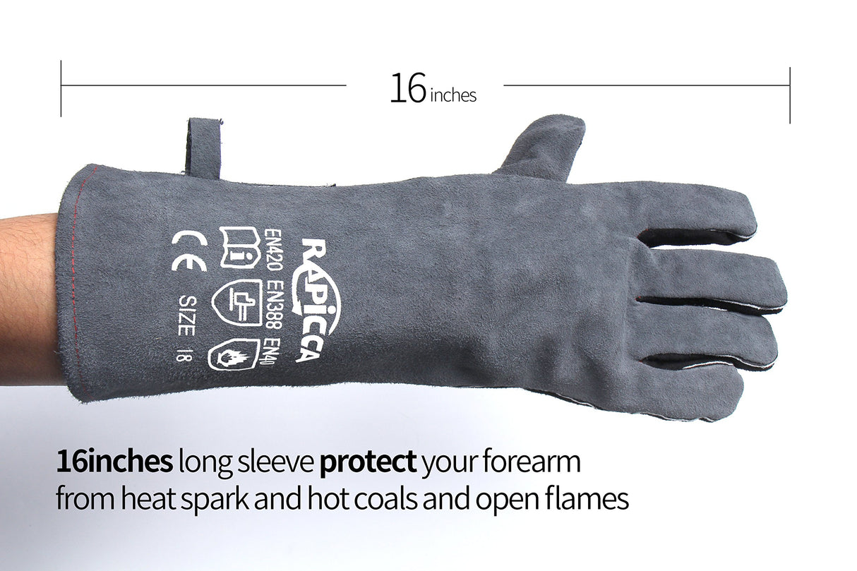 RAPICCA Fireplace Gloves Fire Heat Resistant: Grey 16IN 662℉- Fireproof Leather for Fireplace Fire pit Wood stove Campfire Furnace BBQ Grill Oven Stick Mig Welding Welder Gear - Birthday Gift for men