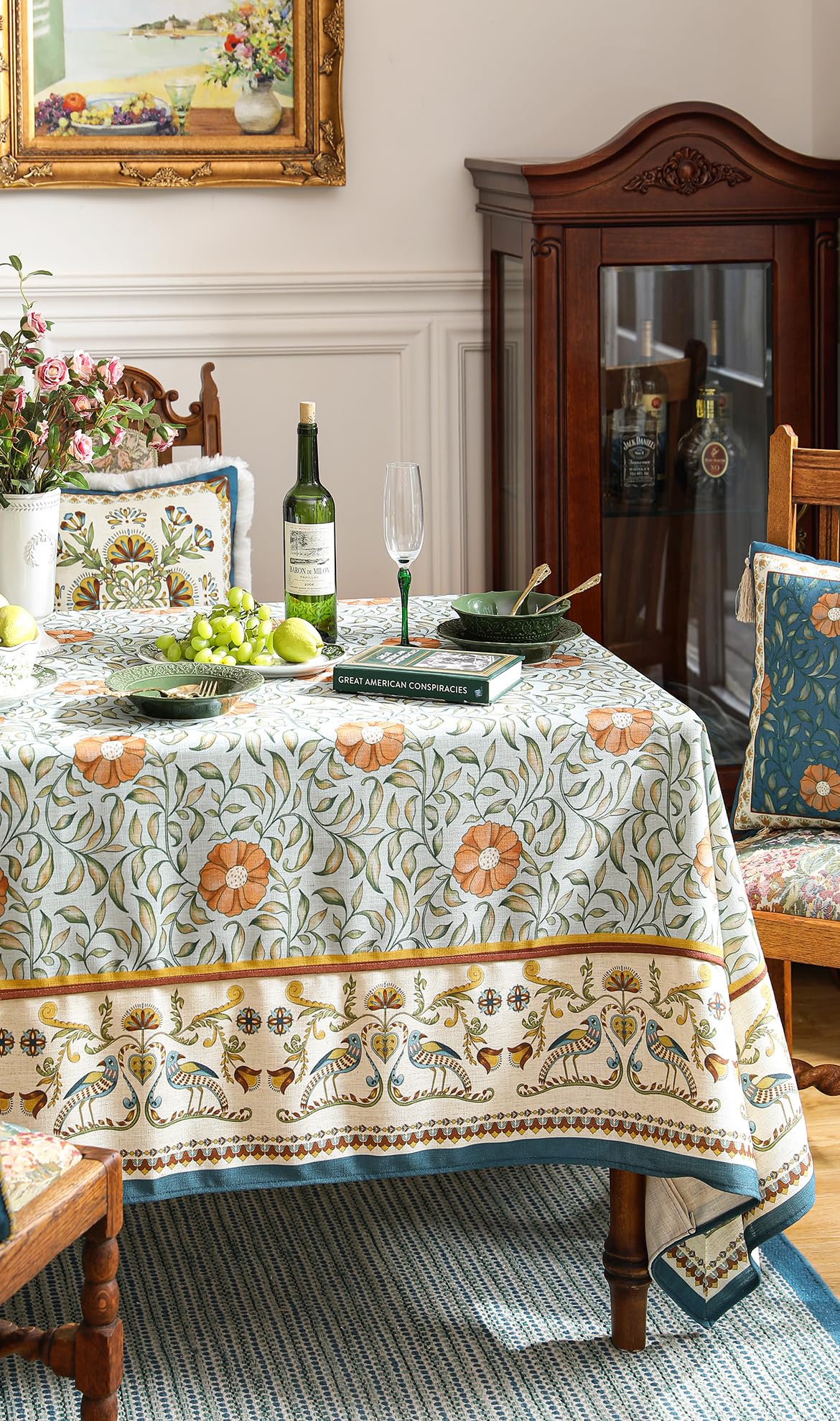 patdrea Designer French Linen Tablecloth Rectangle for Tables,Italian Floral Tablecloth,Provencal Country Tablecloths,FlowerBlue Pattern Table Cover for Kitchen Dining,Christmas,55"x79"