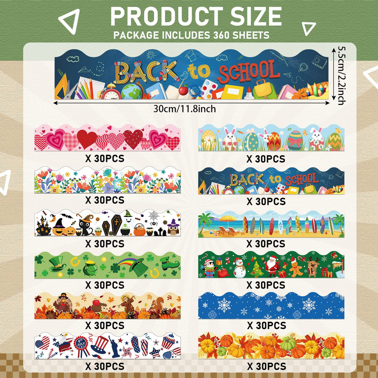Geyee 360 Pcs Halloween Bulletin Board Borders Decorations Fall Thanksgiving Christmas Holiday Spring Easter Valentine Classroom Borders Bulletin Board Trim for Classroom School, 12 Design(Stylish)