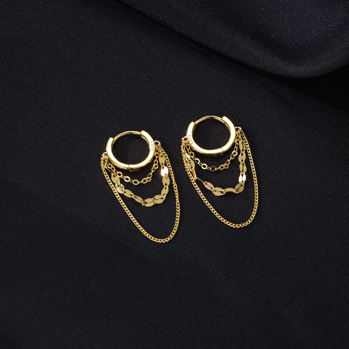 Reffeer Solid 925 Sterling Silver Chain Drop Earrings Hoop for Women Teen Girls Hoop Earrings Tassel Chain Huggie Dangle Earrings (B-18K Gold Plated)