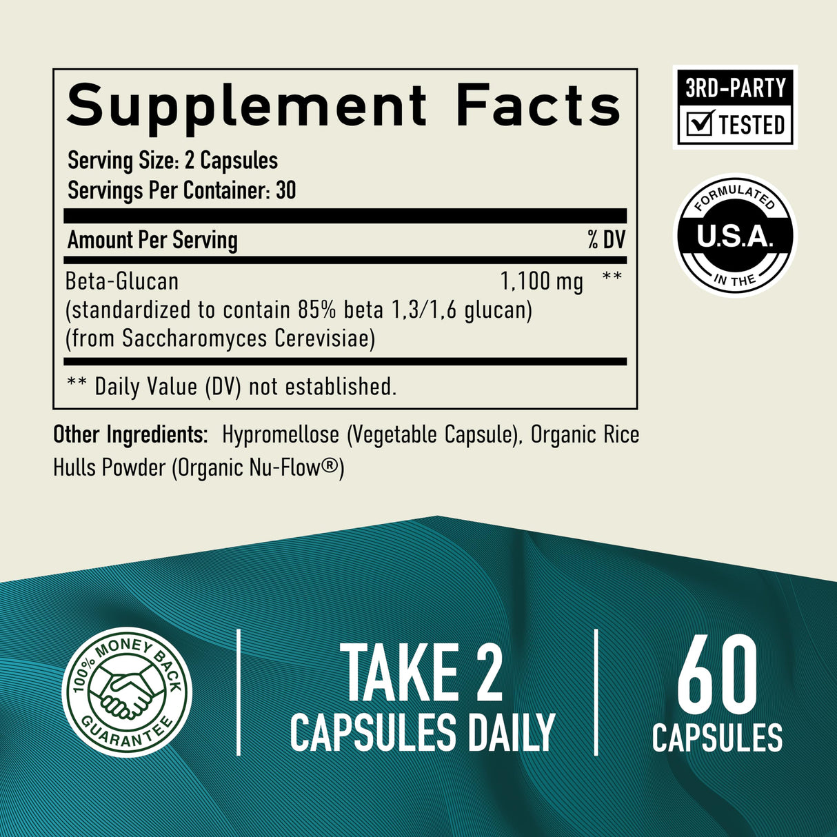 Beta Glucan Supplement 1100mg for Immunity, Skin & Gut Support | 1,3D & 1,6 Beta Glucans Extra Strength Formula | 85% Concentrated & Over 500mg Per Capsule | Non-GMO, Vegan, Gluten-Free 60ct