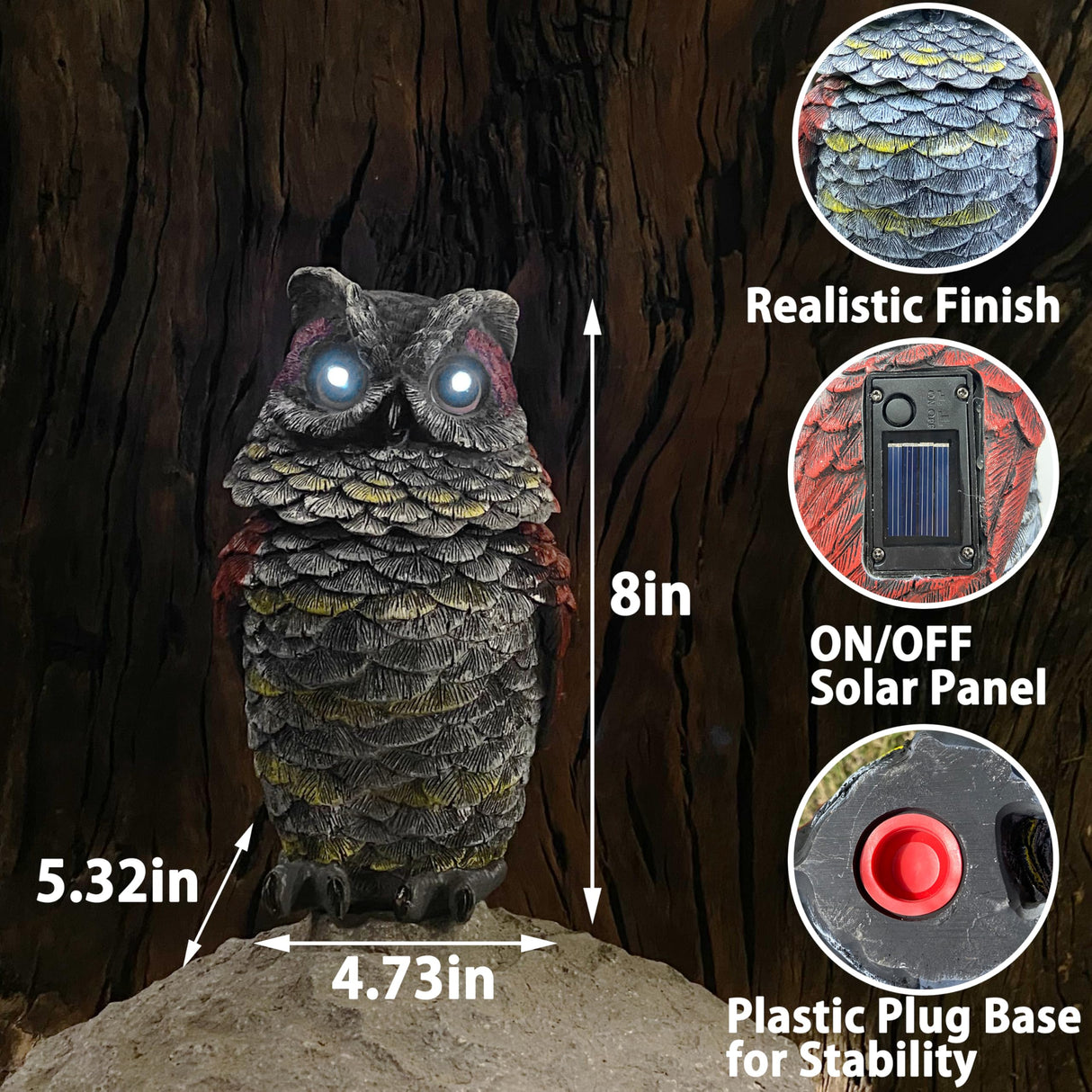 Owls to Keep Birds Away, Solar Owl Decoys to Scare Birds Away, Small Fake Owl for Bird Control, Resin Owls Outdoor Decor with Rotating Head and Lighted Eyes, Animal Deterrent for Outside, Garden