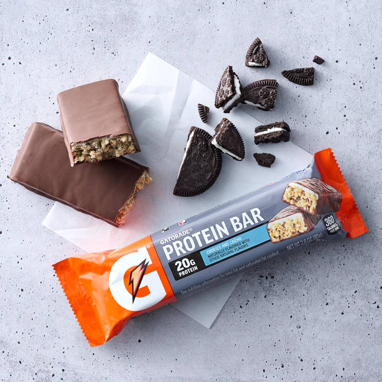 Gatorade Whey Protein Bars, Cookies & Crème, 2.8 oz bars (Pack of 12, 20g of protein per bar)