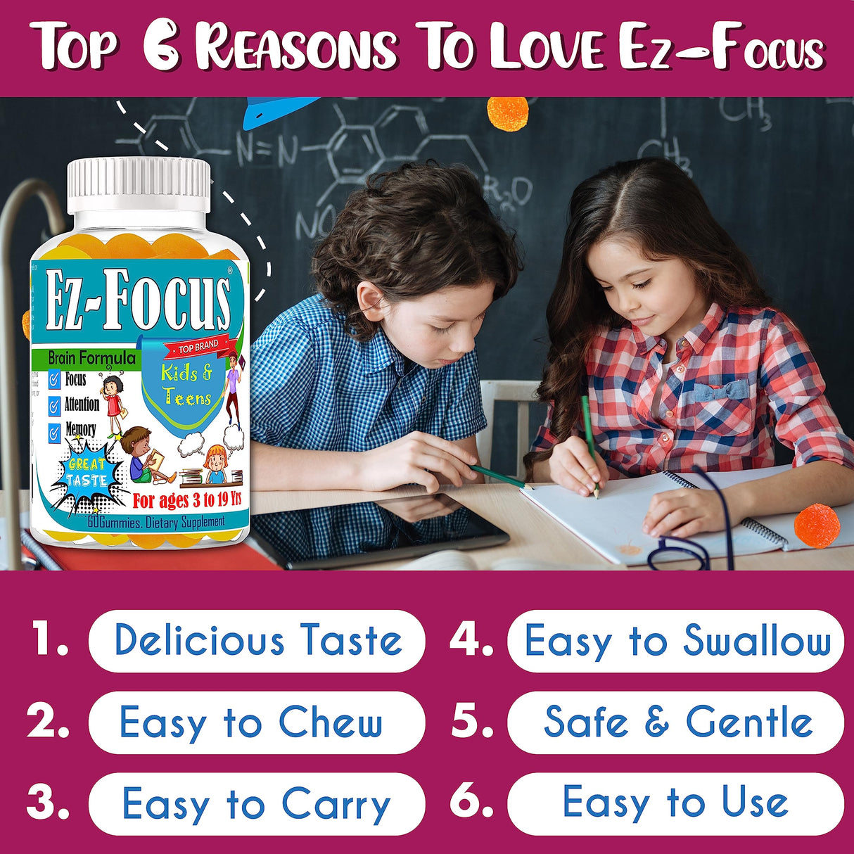Ez Focus Gummies for Kids Brain Focus Support Chewable Focus Kids Vitamins Attention Supplement for Kids Children and Teens Kids Gummies for Focus Calming Natural Omegas DHA School Study Task