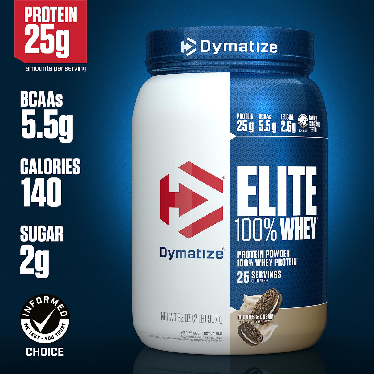 Dymatize Elite 100% Whey Protein Powder, Cookies & Cream, 25g of Protein, 5.5g BCAAs, Less Than 140 Cal., Gluten Free, 3g Carb, 2g Sugar, 3g Fat (25 Servings)