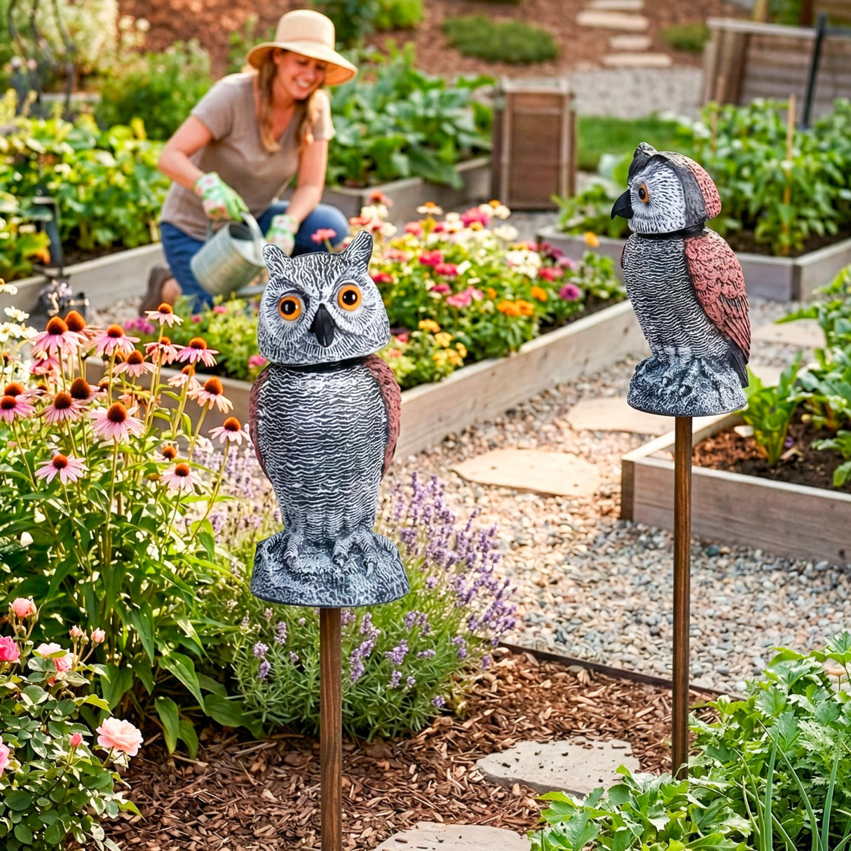 Arrigo Fake Owl Decoys to Scare Birds Away – 2pc Wind-Driven Rotating Head – Plastic Owl Statue Scarecrows – Realistic Deterrent for Critters & Squirrels - Garden, Patio, Boats, and Yard Decor