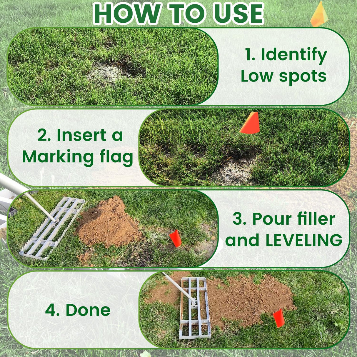 2-in-1 Lawn Leveling Rake, 20 Marking Flags for Low Spot,30"Γ10" Heavy Duty