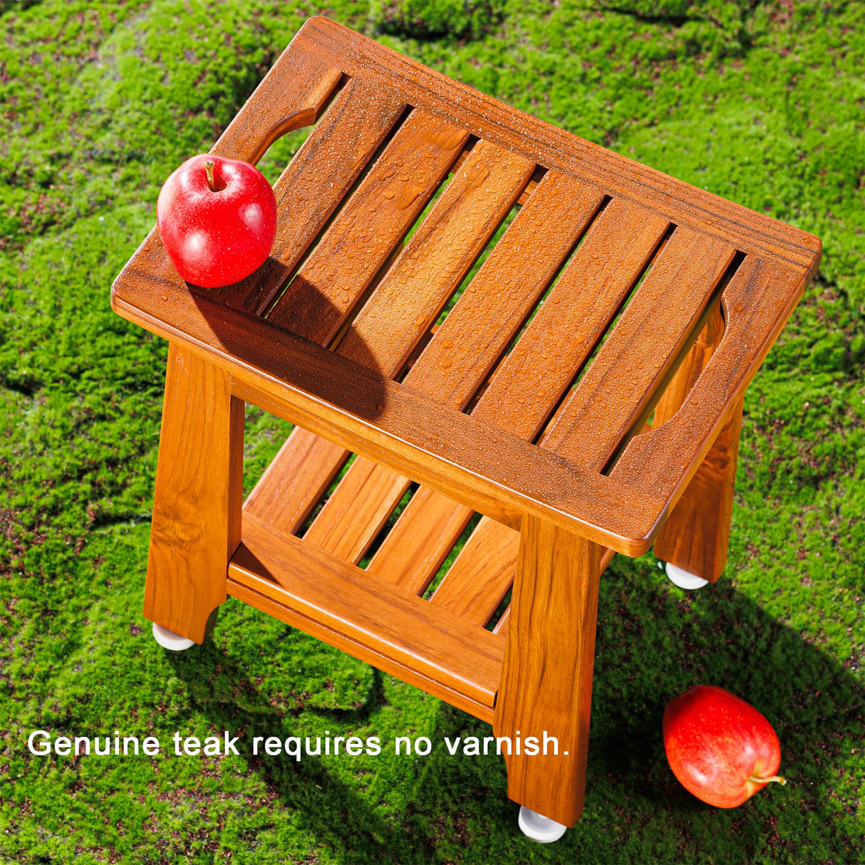 NNN 14" Compact Teak Shower Stool with Shelf & Handle - Waterproof, Non-Slip Bath Bench for Small Bathrooms/Outdoor Use, 300 lbs Capacity (Patented)