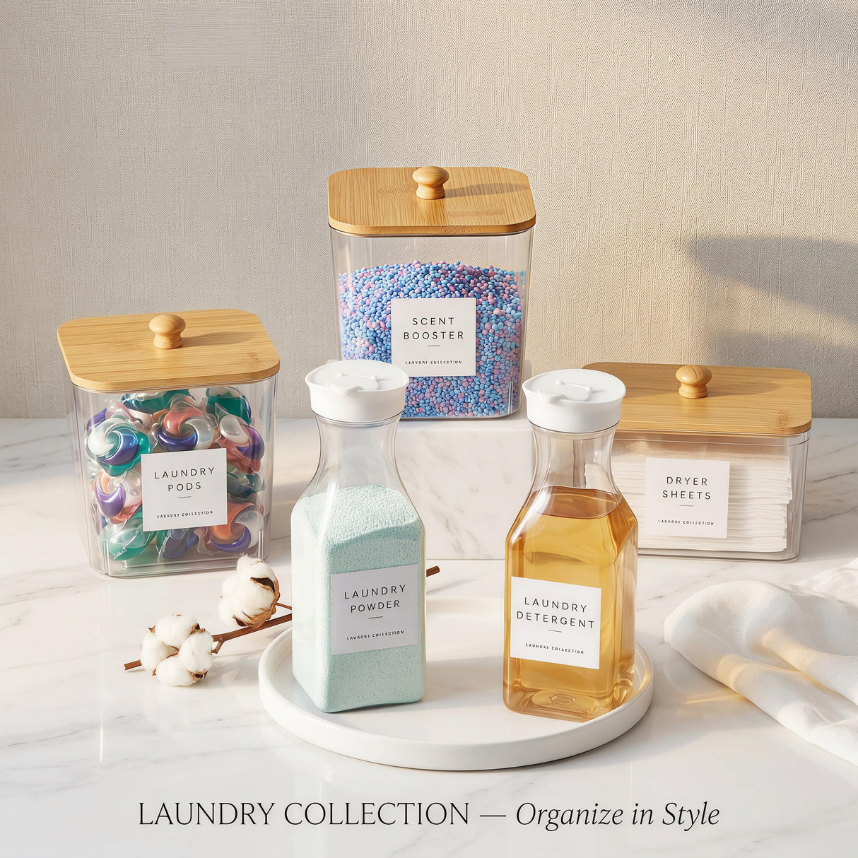 3+2 Pack Laundry Pods Containers & Dryer Sheet Holder & Laundry Detergent Dispenser, Laundry Room Organization and Storage Jars with Lids, Labels and Scoops for Scent Booster, Powder, Pods