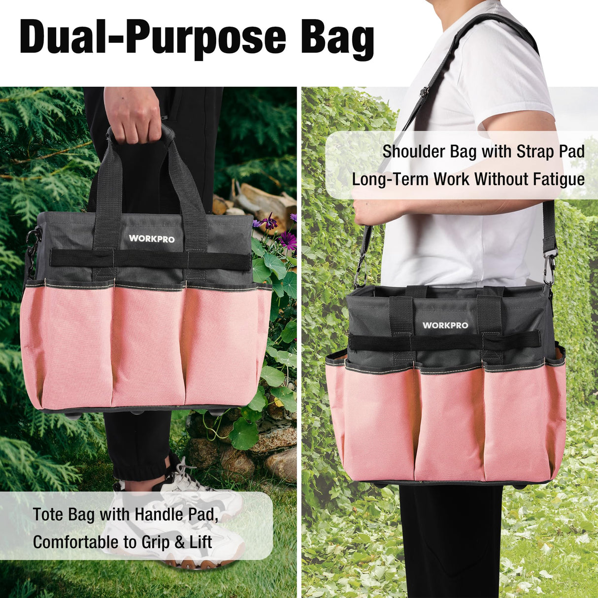 WORKPRO Garden Tool Bag, Heavy Duty Gardening Tote Bag Organizer with 10 Pockets and Long Adjustable Shoulder Strap, Standable Garden Home Tool Kits Organizer, Pink