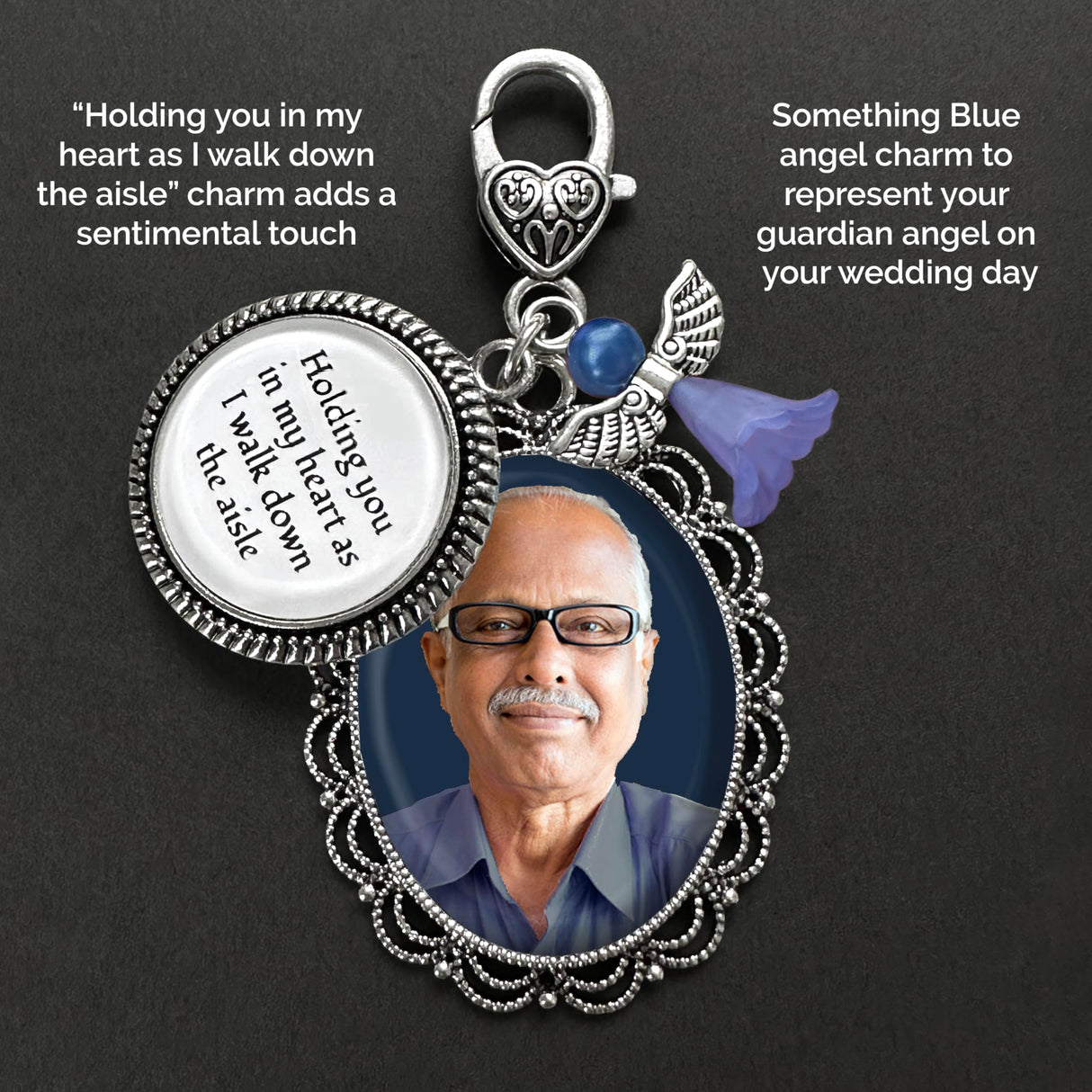 Something Blue Bouquet Charm for Wedding Memory Charm with DIY Photo Frame for Wedding Bouquet And Resizer