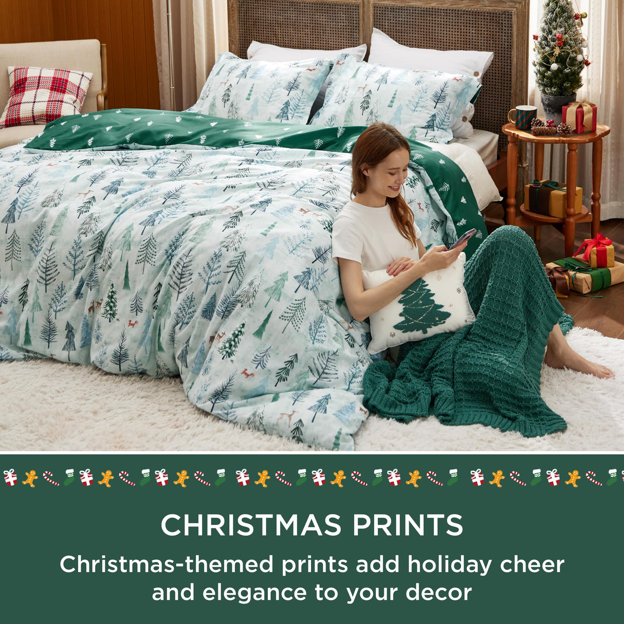 Bedsure King Size Christmas Duvet Cover - Green Forest Holiday Bedding Set, 5-Piece Collection Includes 1 Duvet Cover, 2 Pillow Shams, 1 Throw Blanket, and 1 Decorative Pillow (King, Green Forest)