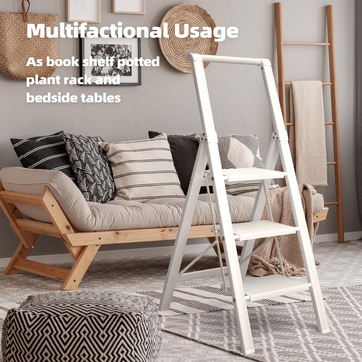 HillhutApex 3 Step Foldable Aluminum Step Ladder with Handgrip, Anti-Slip Pedal, 330 lbs Capacity, Lightweight & Portable for Home, Kitchen, Office, Garage (White)