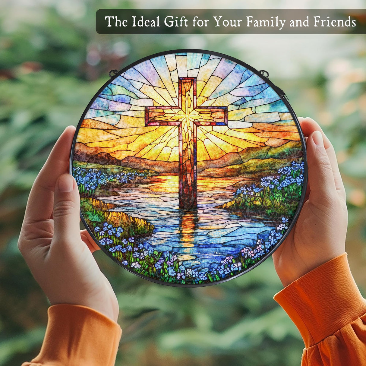 WUHSDIBC Cross Forget Me Not Stained Glass Window Hanging Suncatcher, Christian Flower Sunset Sun Catcher Indoor Window Decor Gifts, Religious Painted Glass Round Wall Hanging Decorations 7.8x7.8 in