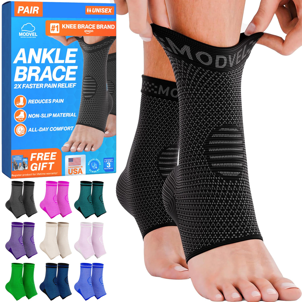 Modvel Foot & Ankle Brace Socks for Sprained Ankle Compression Sleeve - Plantar Fasciitis Relief Brace, Foot Support for pain Women & Men - Tendonitis & Arthritis Feet Sleeve, Stabilizing Ankles Wrap