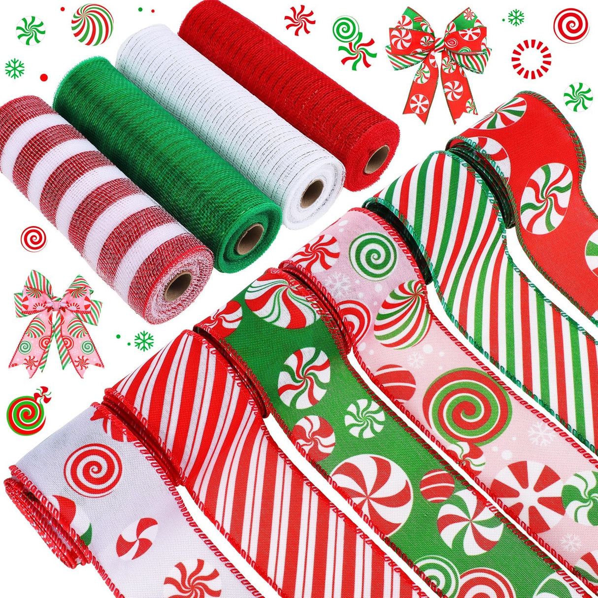 Yuefunny 10 Pcs Christmas Ribbon Including 4 Rolls Mesh Ribbon 6 Rolls Xmas Candy Peppermint Wired Edge Wreath Metallic Wrapping Crafts for Xmas Party Home Decorative DIY Craft