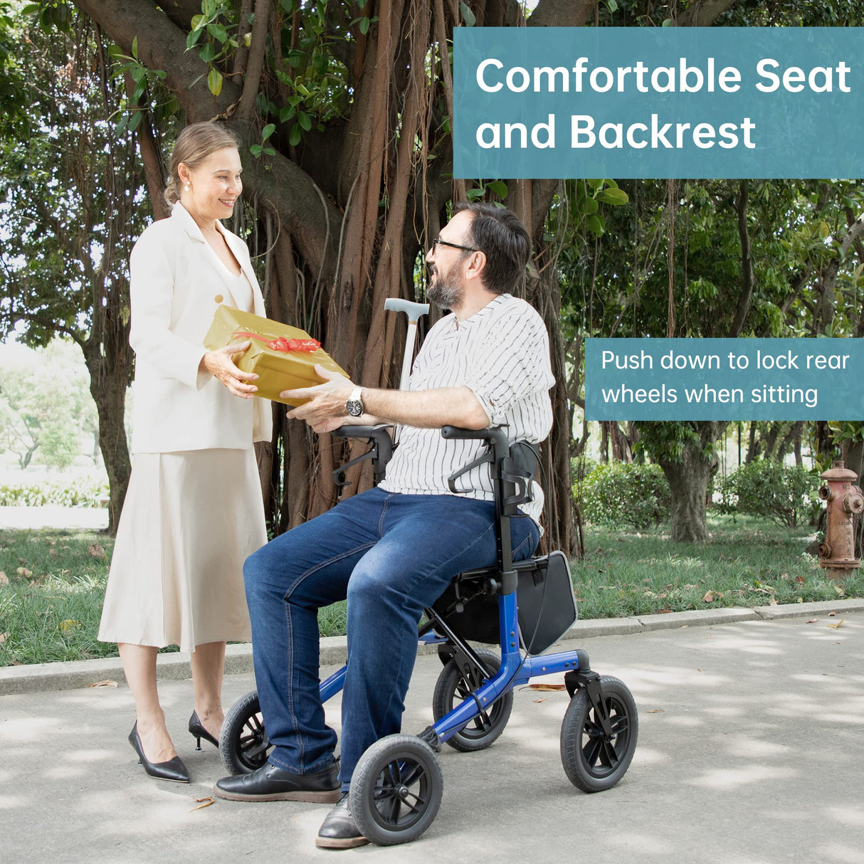 ELENKER All-Terrain Rollator Walker with Non-Pneumatic Tire 12” Front Rubber Wheels, Compact Folding Design for Seniors, Blue