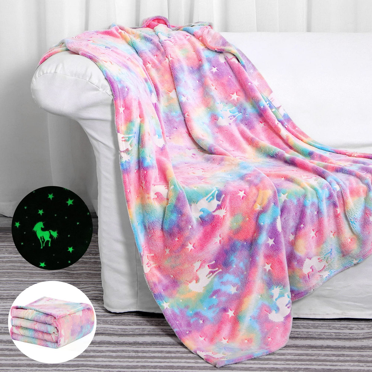 Glow in The Dark Blanket Unicorns Gifts for Girls,Toys for 2 3 4 5 6 7 8 9 10 Year Old Girl Gifts,Soft Kids Blankets for Christmas Halloween Birthday Valentines Gifts,50"x60"
