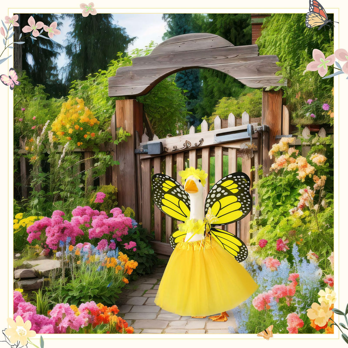 SilTriangle 5pcs Butterfly Porch Goose Outfit Costume Tutu Skirt Butterfly Wing Wand Flower Crown for 17‘' 23‘' Cement Goose(Yellow)