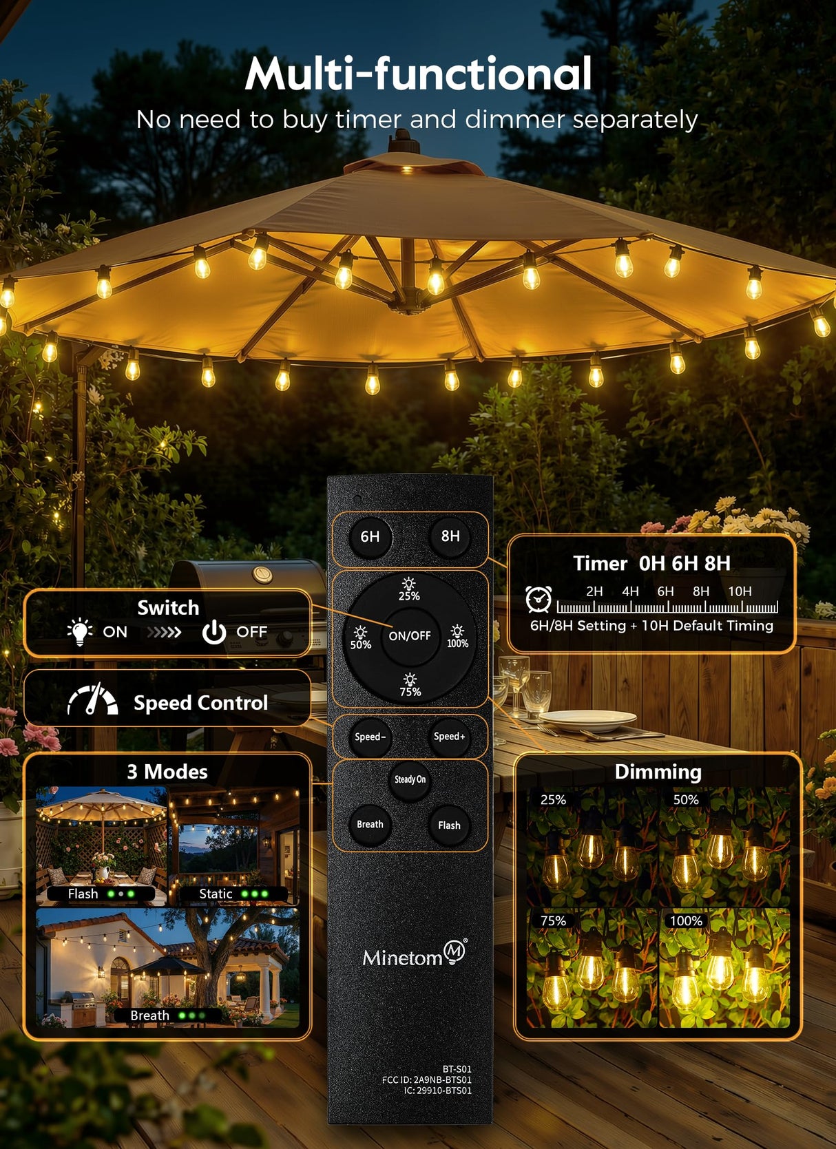 Minetom 100FT Solar String Lights Outdoor Waterproof with Remote, 31+1 LED Shatterproof Bulbs, Dimmable & Timable, 3 Light Modes - Commercial Grade Patio Lights for Garden Backyard
