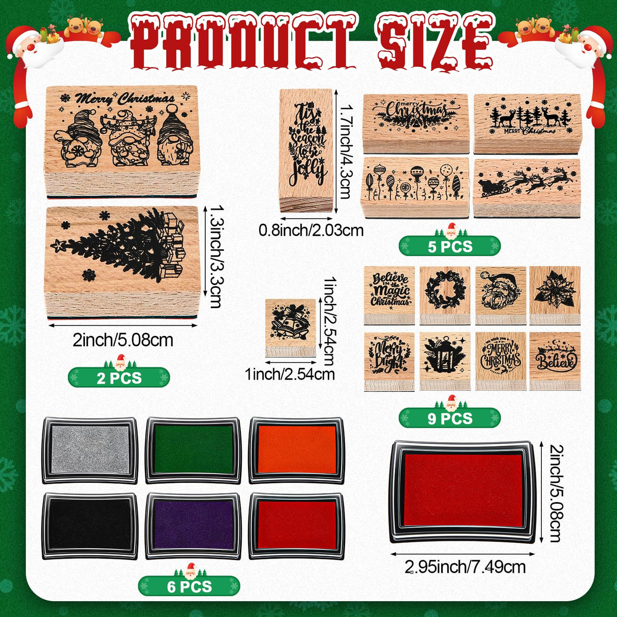 Marspark 22 Pcs Christmas Wooden Rubber Stamps and Craft Ink Pads Set Mixed Christmas DIY Cards Wooden Rubber Stamps for Party Scrapbooking Cards Making Supplies Gift Decor