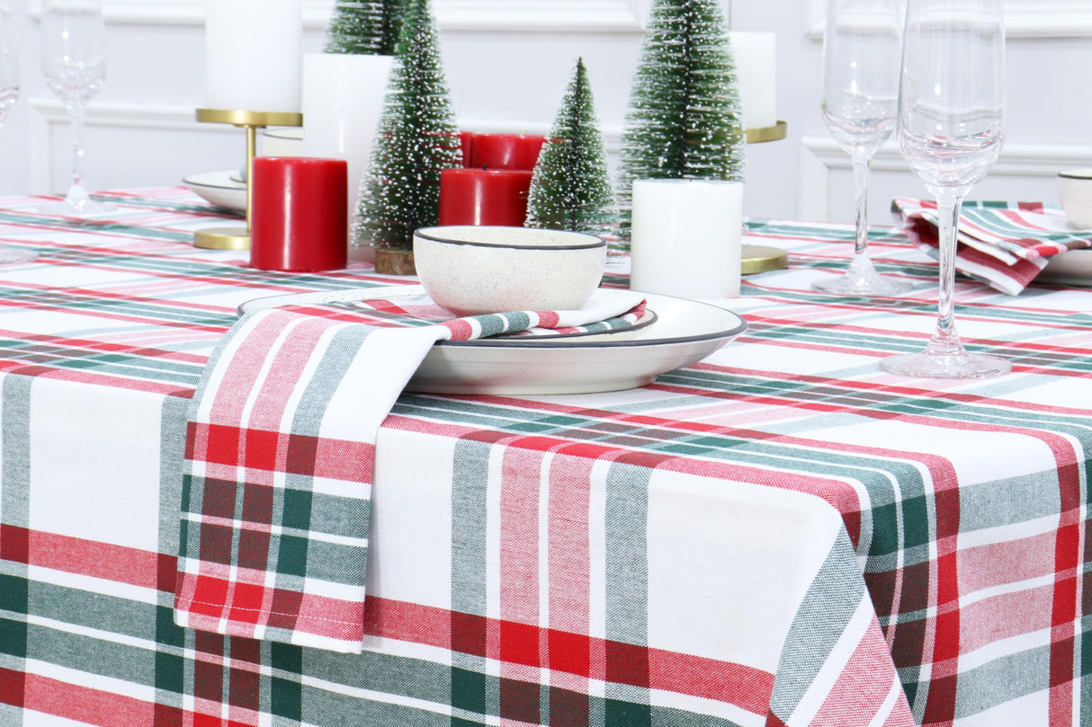 PurpleEssences Homestead Plaid Set of 12 Cloth Dinner Napkins 100% Cotton 18x18 - Soft Durable Washable - Ideal for Farmhouse Party Wedding Christmas - Red Green and White