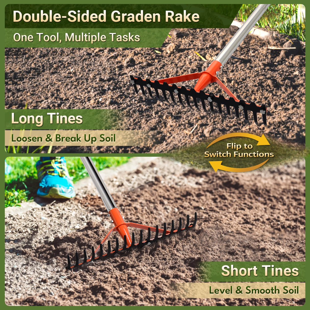 CKLT 62 Inch Garden Rake with 17 Tempered Spring Steel Tines